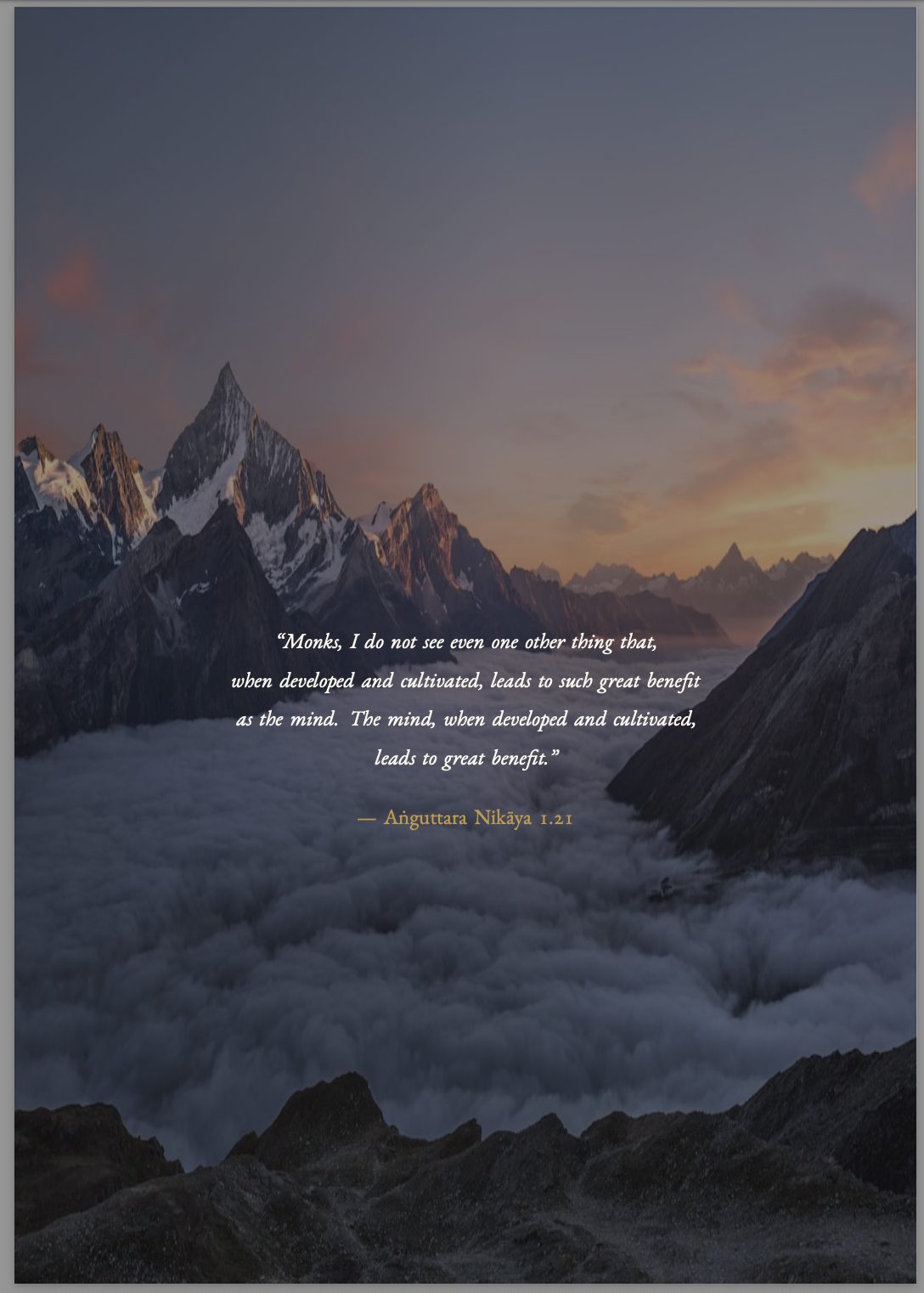 Full-page spread with Anguttara Nikaya quote over mountain panorama