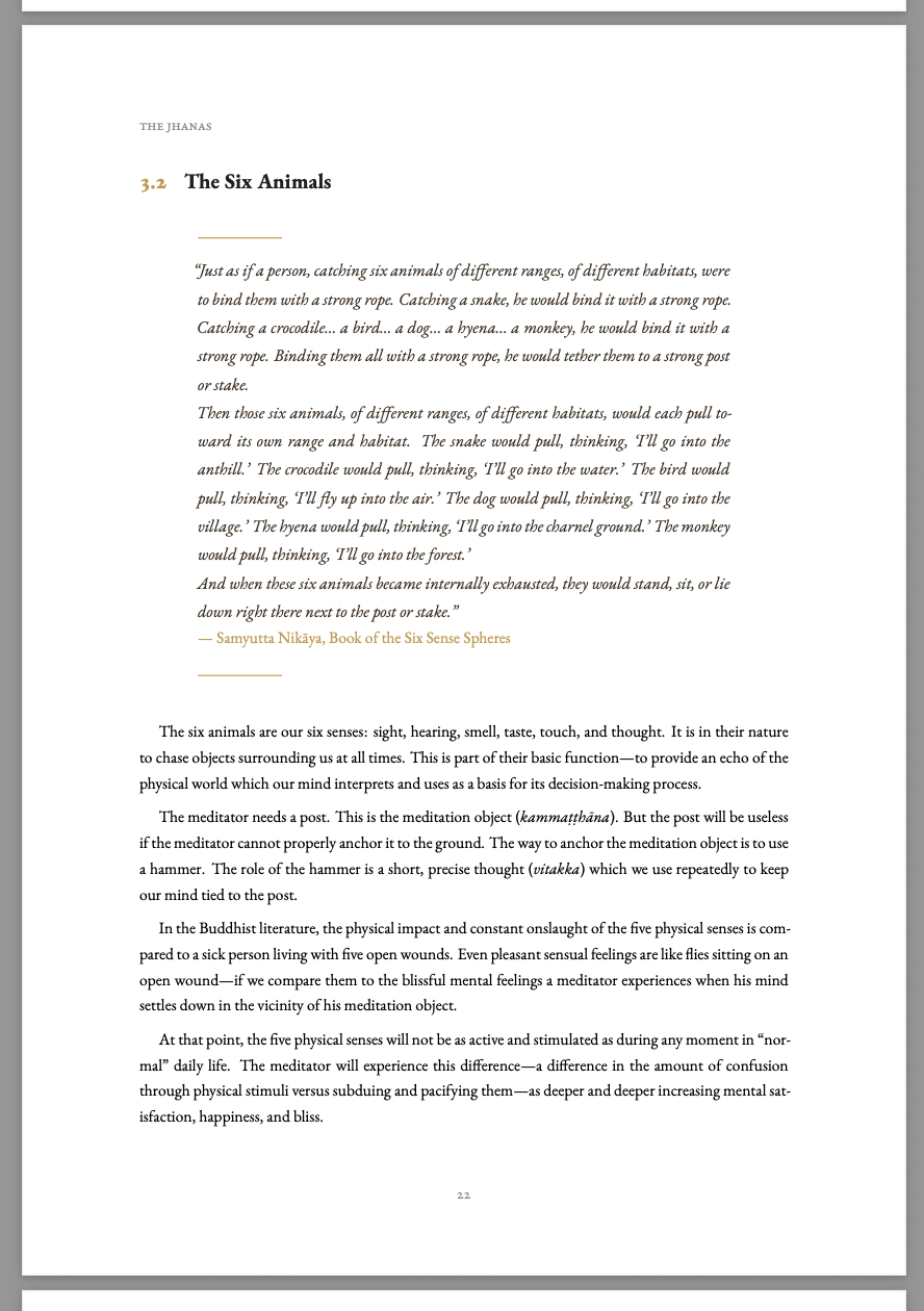 The Six Animals — practical meditation instruction with Pali references