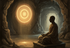 A robed meditator in a cave shrine facing a luminous concentric disc of golden light