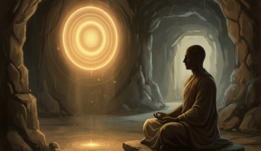 A robed meditator in a cave shrine facing a luminous concentric disc of golden light
