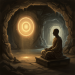 A robed meditator in a cave shrine facing a luminous concentric disc of golden light