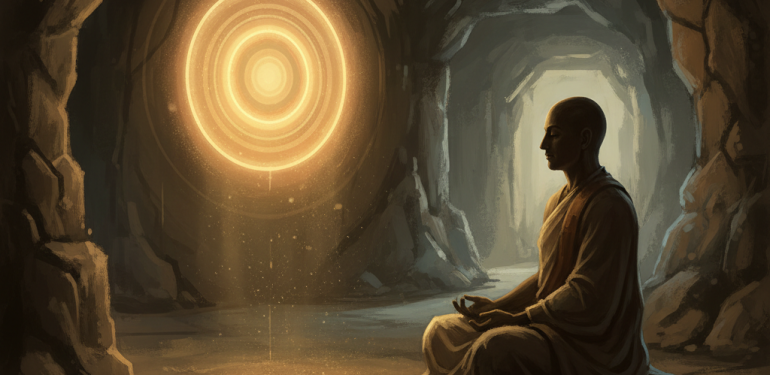 A robed meditator in a cave shrine facing a luminous concentric disc of golden light