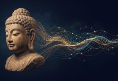 Stone Buddha with flowing gold and blue networks of light