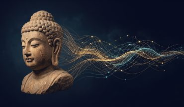 Stone Buddha with flowing gold and blue networks of light