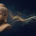 Stone Buddha with flowing gold and blue networks of light