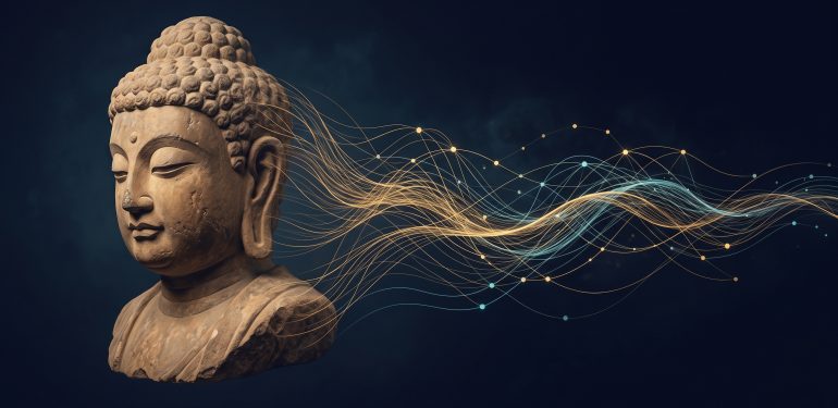 Stone Buddha with flowing gold and blue networks of light