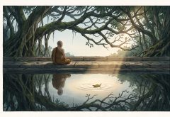 A monk sits beside a still forest pool, where branching trees reflect around a small patch of warm light.