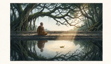 A monk sits beside a still forest pool, where branching trees reflect around a small patch of warm light.